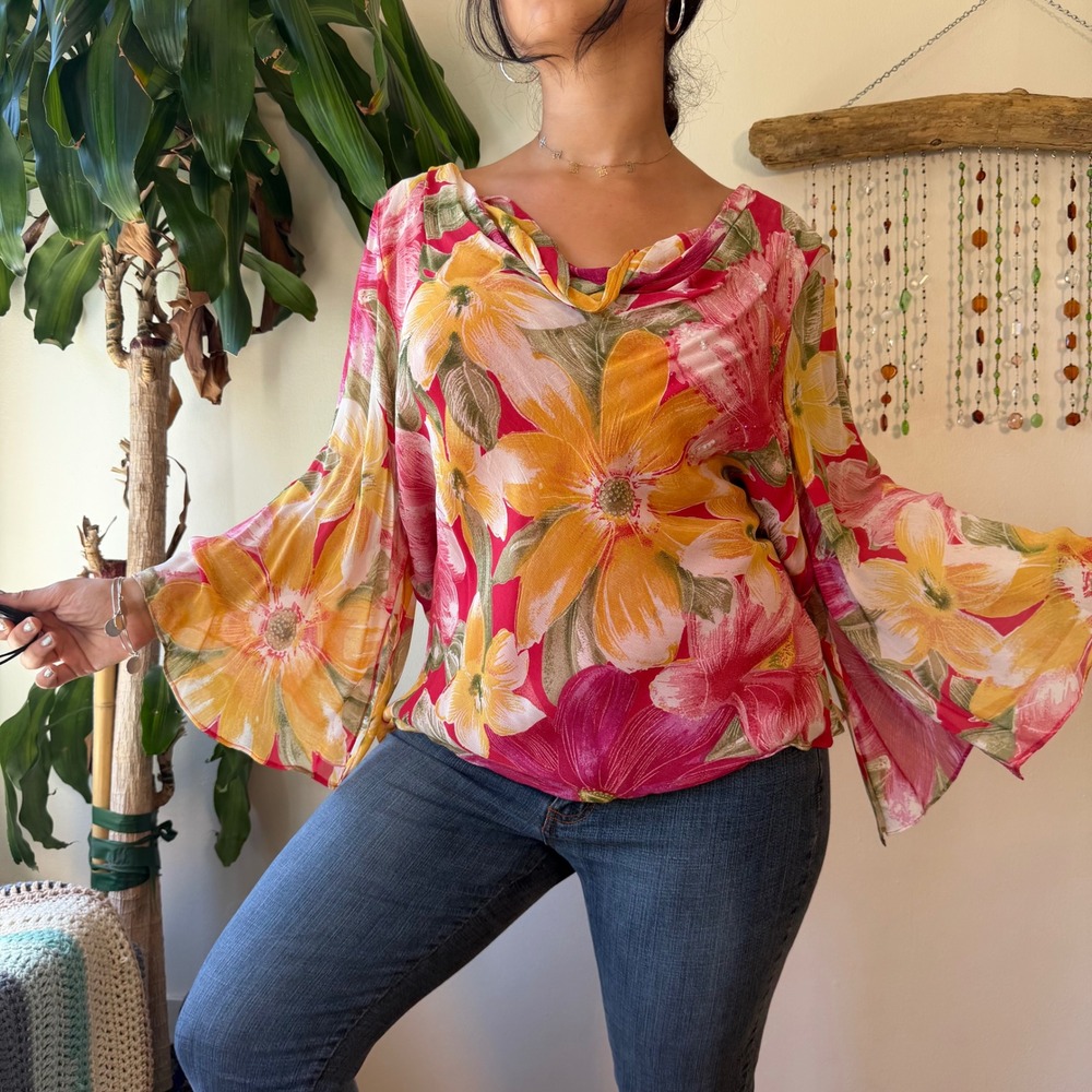 Nostalgia II Floral Beaded Cowl Neck Bell Sleeve Blouse Pink Yellow Y2K 3X